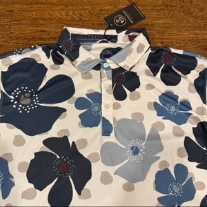 Swannies Beige‎ Floral Performance Golf Mellblom Short Sleeve Polo Shirt Men's L